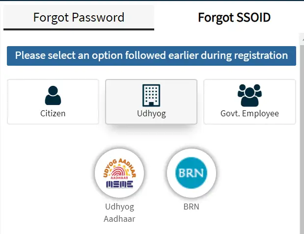 Recover Udhyog SSO ID by Udhyog Aadhar or BRN